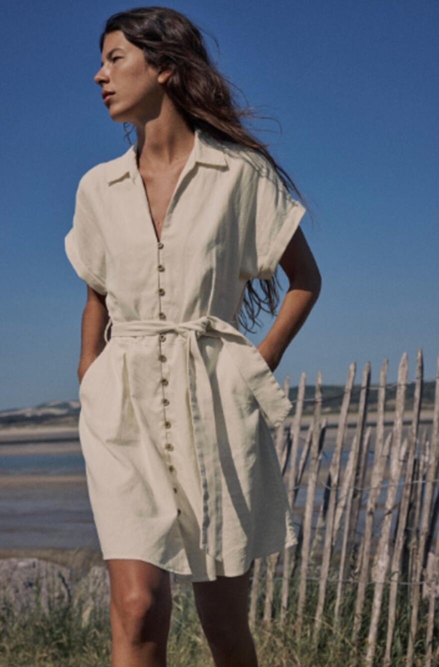 Zara Linen Blend Belted Shirt Robe Dress Pockets Johnny Collar XS